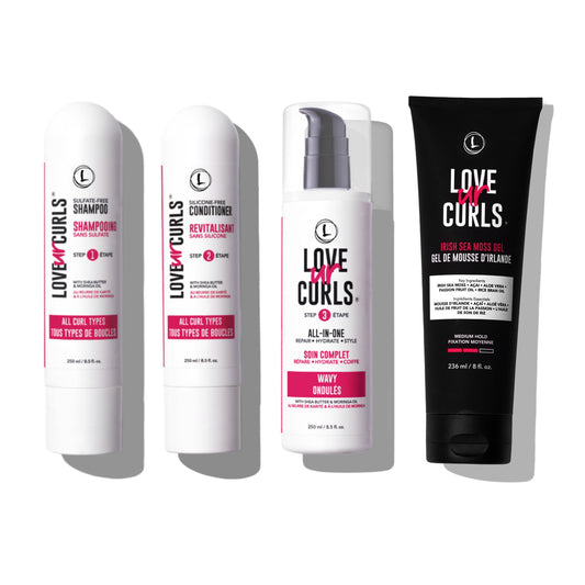 Love Ur Curls - Shampoo, Conditioner, Wavy All In One Styler to repair, define and hydrate hair and Irish Sea Moss Gel for touchable hold