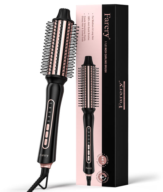Thermal Brush 5 Adjustable Temps, 1.5 Inch Hot Curling Brush for Big Bouncy Curls, Non-Blowing Heated Round Brush, Ceramic Curling Wand for Medium & Long Hair, Dual Voltage for Travel