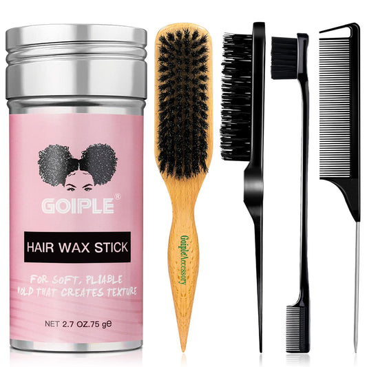 Slick Back Hair Brush Set Teasing Boar Bristle Brush, Hair Wax Stick, Edge Brushes, Rat Tail Comb, Teasing Comb, Wooden Slickback Hairbrush Accessories, Smoothing Combs for Women & Kids (5PCS)