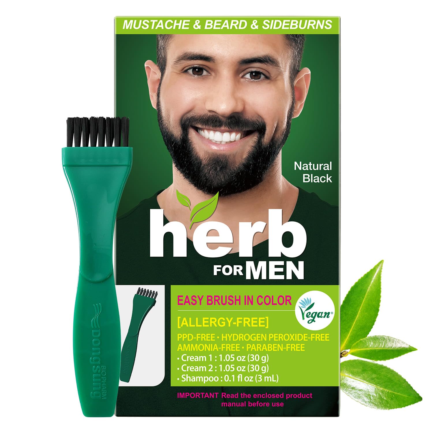 Herb For Men Mustache & Beard Dye (Nature Black, 1 Pack), PPD-Free Ammonia-Free, Vegan with Natural Ingredients, Odorless, Gentle for Sensitive Skin, No Skin Irritation