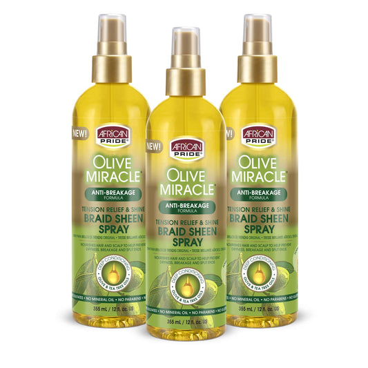 AFRICAN PRIDE Olive Miracle Braid Sheen Spray (3 Pack) with tea tree oil and olive oil to protect and moisturize scalp and hair.12oz.
