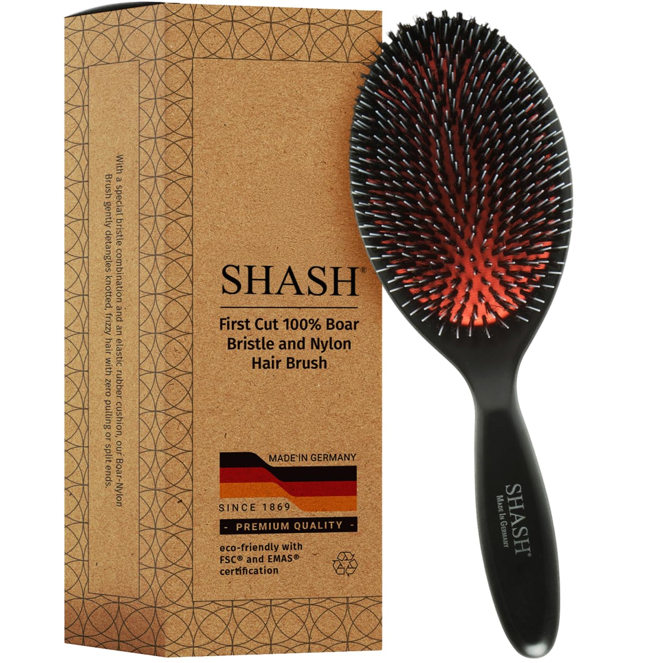 Since 1869 Hand Made In Germany - Nylon Boar Bristle Brush Suitable For Normal to Thick Hair - Gently Detangles, No Pulling or Split Ends - Softens and Improves Texture, Stimulates Scalp (Large)