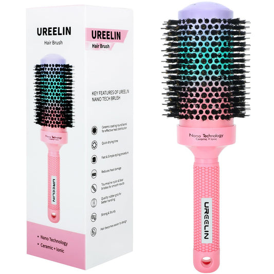 Round Brush for Blow Out - 2.1 Inch Large Nano Thermal Ceramic & Ionic with Boar Bristles - Salon Blow Drying Hair Brush for Drying,Volumizing, Curling, Shine & Smooth Styling
