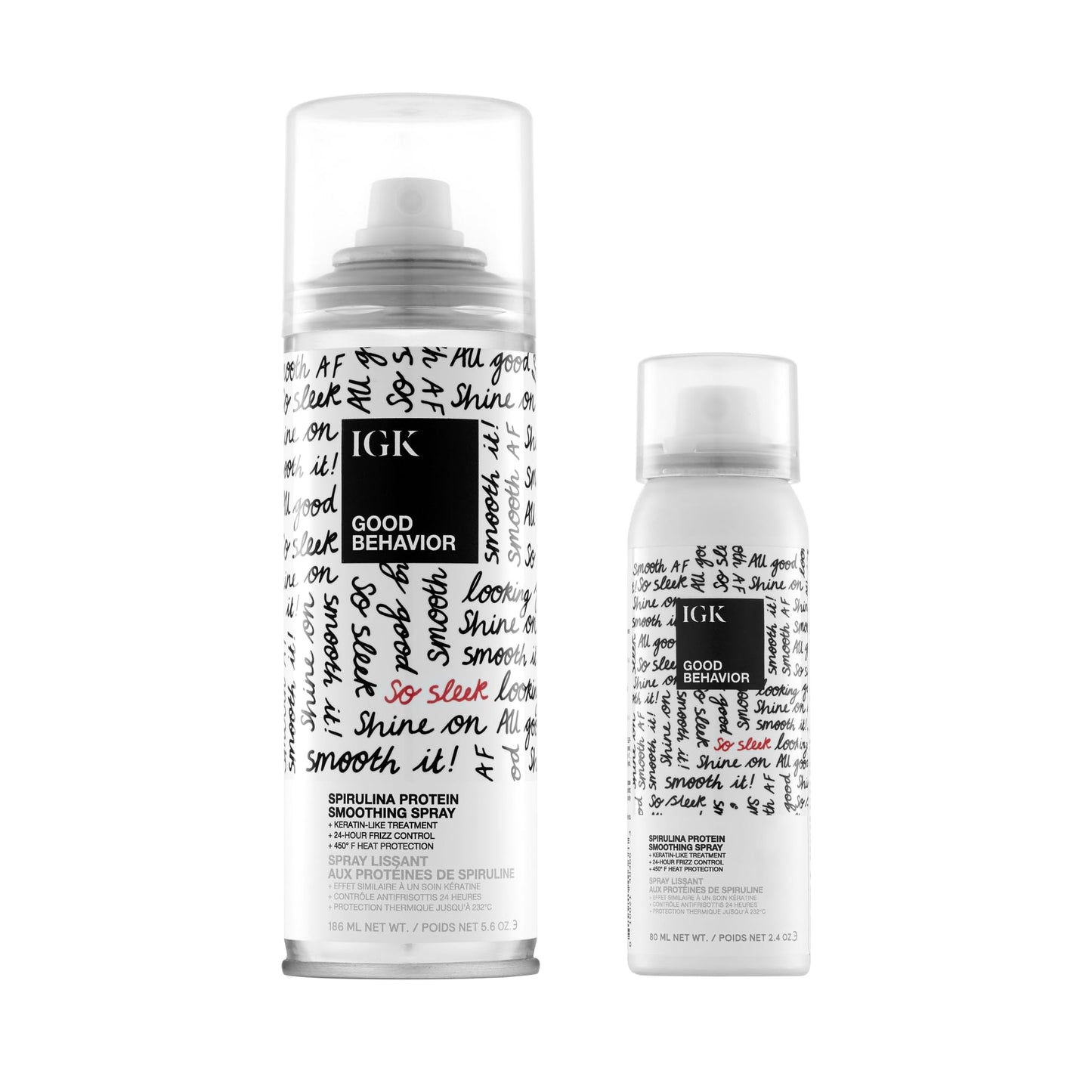 IGK GOOD BEHAVIOR Spirulina Protein Smoothing Spray Travel Bundle | Keratin Like Treatment + Frizz Control + Heat Protectant | Vegan + Cruelty Free | (5.6 Oz + 2.4 Oz)