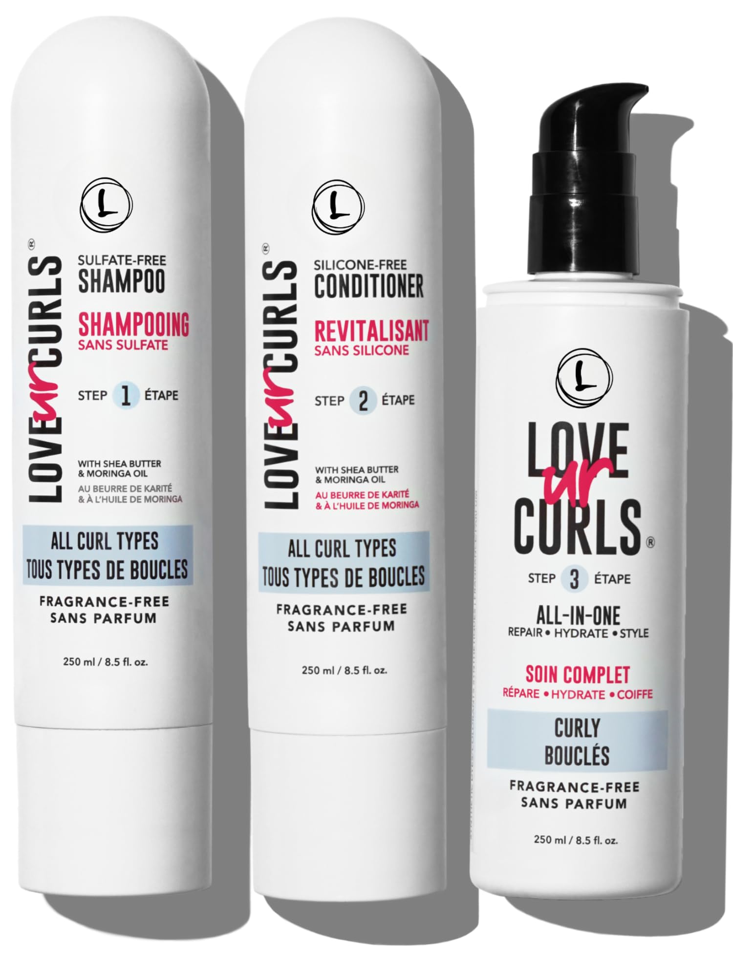 Love Ur Curls Fragrance Free Shampoo and Conditioner Set with All in One Curl Cream Styler for Curly Hair, 3 Step System to Repair, 200 mL