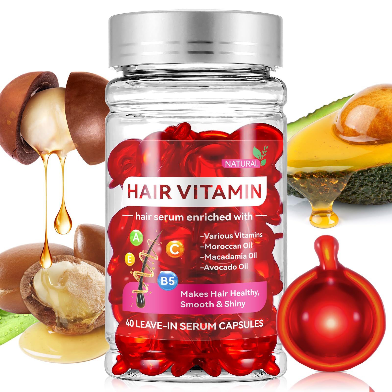 Hair Vitamin Oil 40 Capsule, Hair Treatment Serum, Vitaminas Para el Cabello Enriched with Moroccan Macadamia Avocado Oils, Vitamins A C E Pro B5, No Rinse and Safe for All Hair, Red