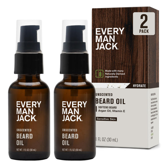 Every Man Jack Unscented Beard Oil for Men - Fragrance Free for Sensitive Skin - Naturally Moisturizes and Softens Beard w/Shea Butter & Argan Oil - 1 fl oz (2 pack)