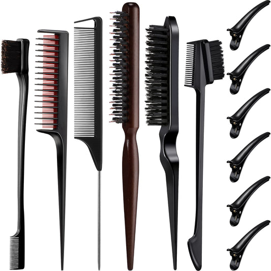 Cunhill 12 Pieces Black Hair Brush Set Teasing Hair Edge Brush Rat Tail Comb Double Sided Nylon Boar Bristle 3 Row Comb with Duckbill Clips for Stylist Salon Styling Sectioning