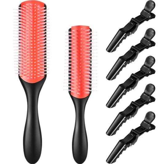 7-Piece Nylon Bristle Styling Set: Curly Hair Detangling Brush, Travel Brush, Hair Clips for Shaping and Defining Curls (Pink)