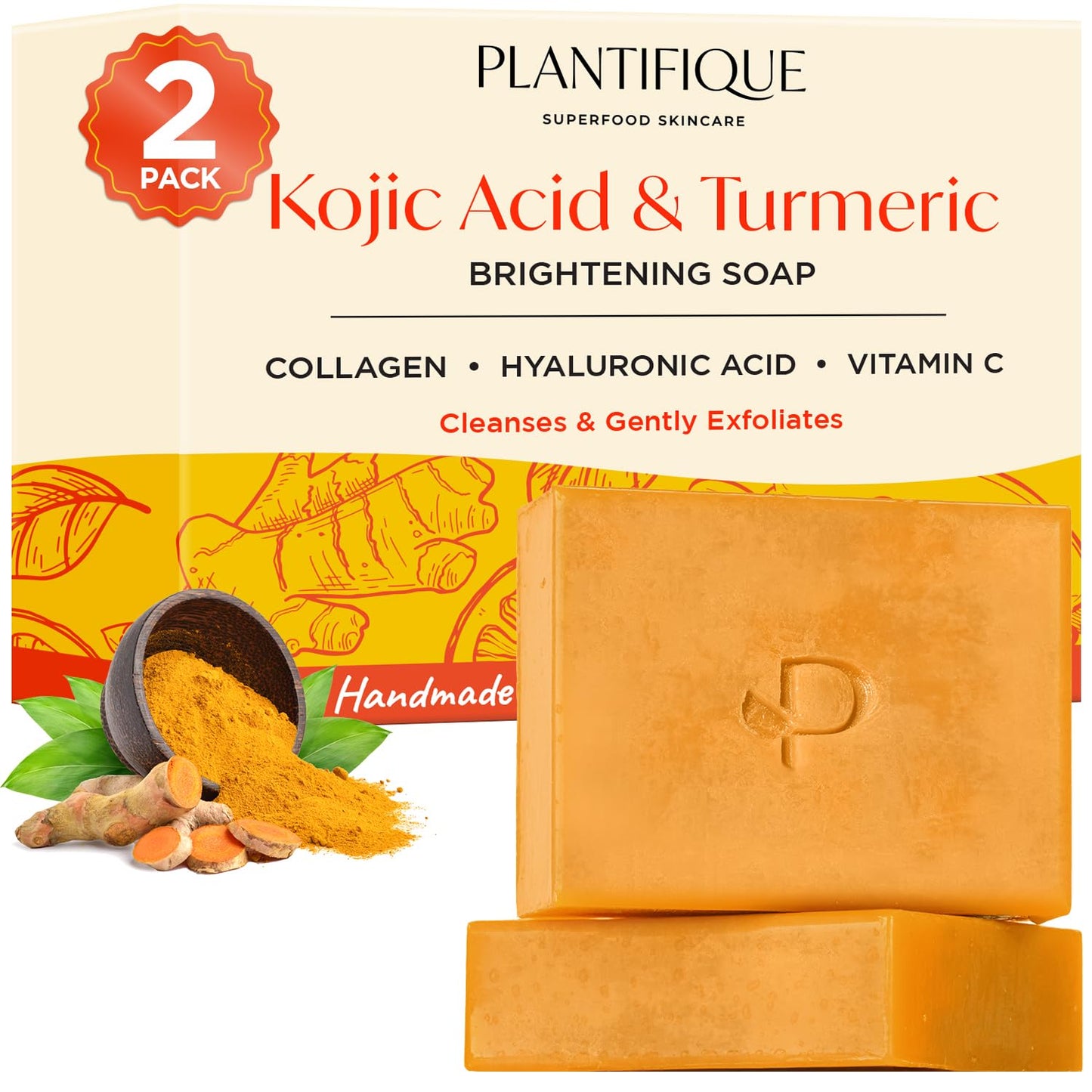 PLANTIFIQUE Kojic Acid Soap for Hyperpigmentation Turmeric Soap Bars with Hyaluronic Acid, Collagen & Vitamin C for Dark Spots Face & Body Wash for Women & Men, Vegan Skincare, 160g / 5.64 oz