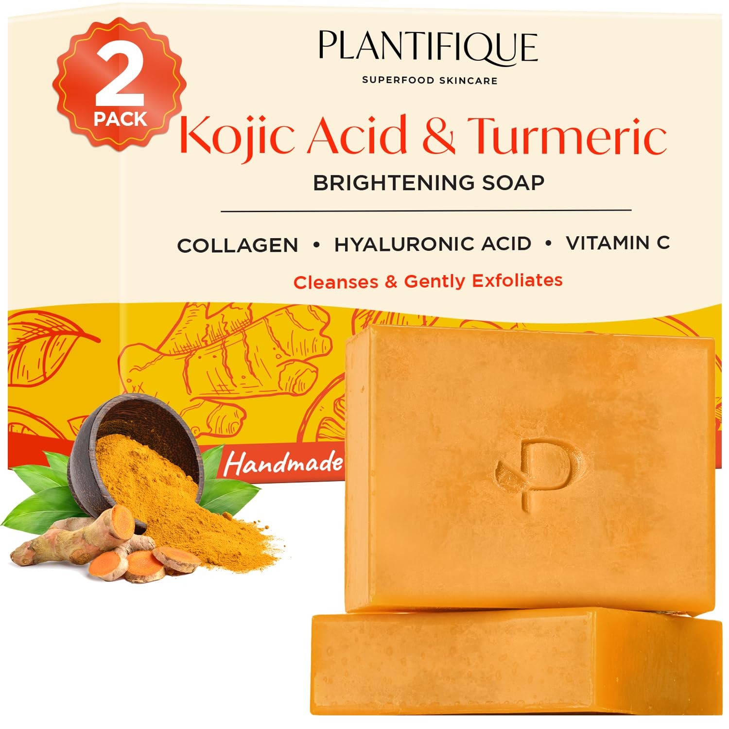 PLANTIFIQUE Kojic Acid Soap for Hyperpigmentation Turmeric Soap Bars with Hyaluronic Acid, Collagen & Vitamin C for Dark Spots Face & Body Wash for Women & Men, Vegan Skincare, 160g / 5.64 oz