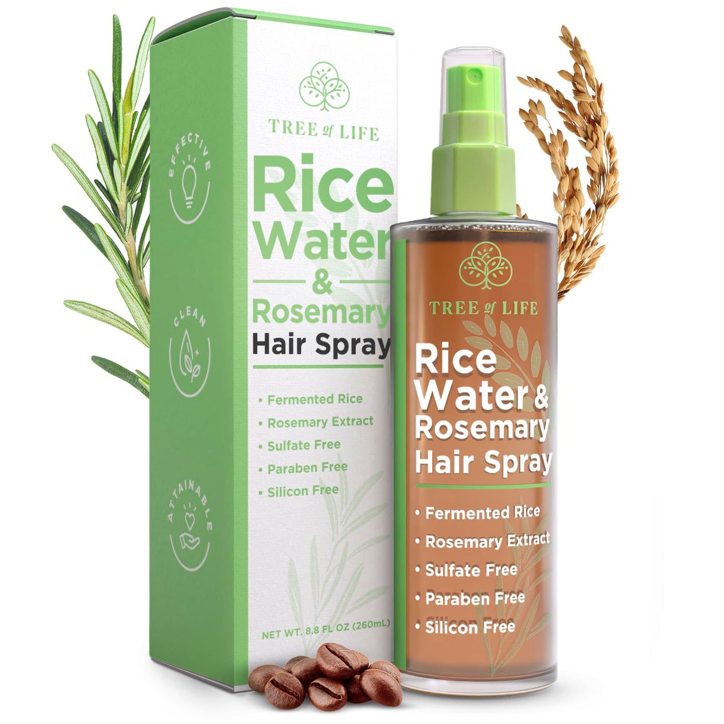 TREE OF LIFE BEAUTY Rice Water Hair Spray Rosemary Water Spray for Hair Growth (8.8 fl oz) - Hair Thickening Fermented Rice, Caffeine, Rosemary Extract, Biotin, Keratin and Castor Oil Scalp Care