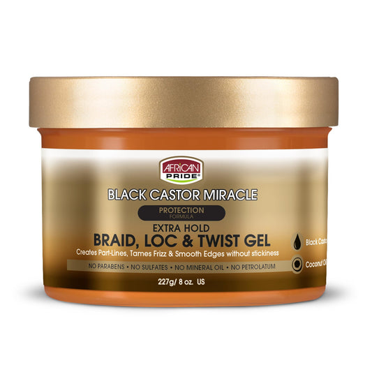 AFRICAN PRIDE Black Castor Miracle Extra Hold Braid, Loc, Twist Gel - Extreme Hold Braiding Hair Gel, Edge Control & Tames Frizz, No Flake | Natural Ingredients, Coconut Oil | 8oz