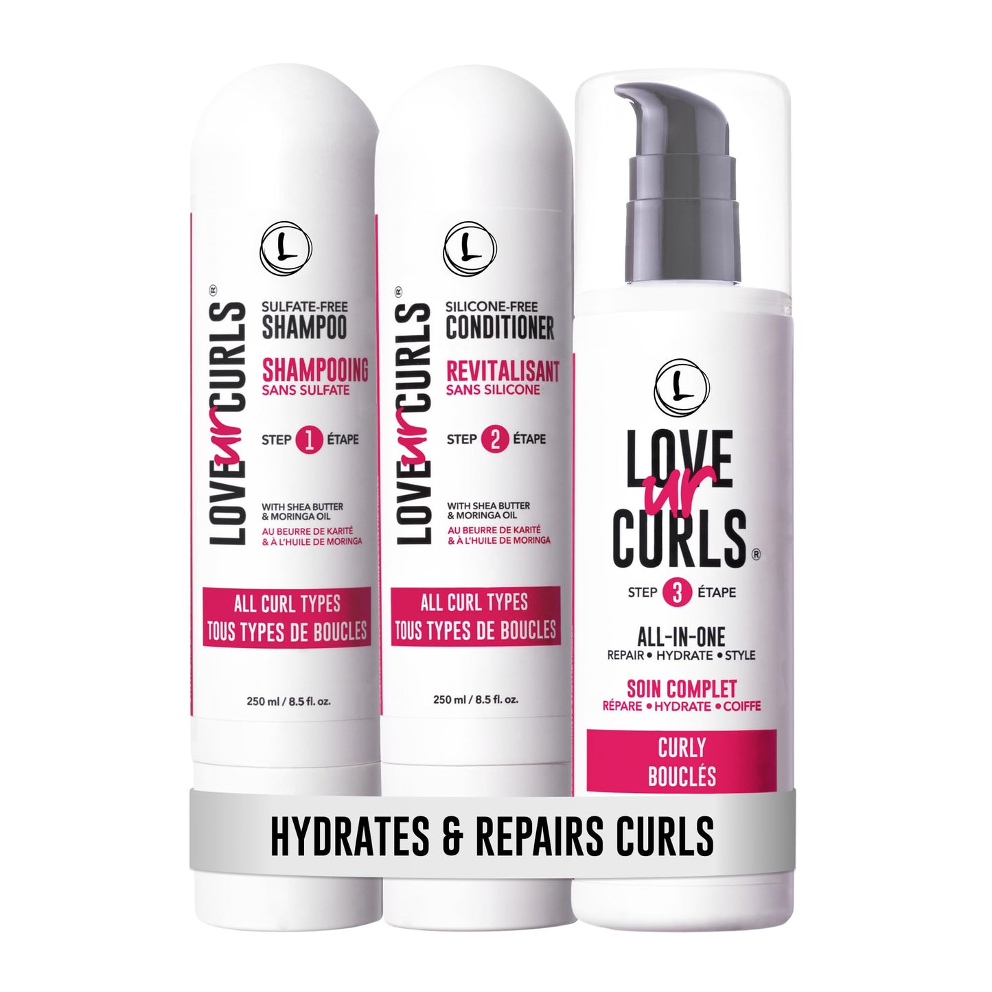 Love Ur Curls - Shampoo & Conditioner Set with All in One Curl Cream Styler for Curly Hair, 3 Step System for Repair and Moisturizing