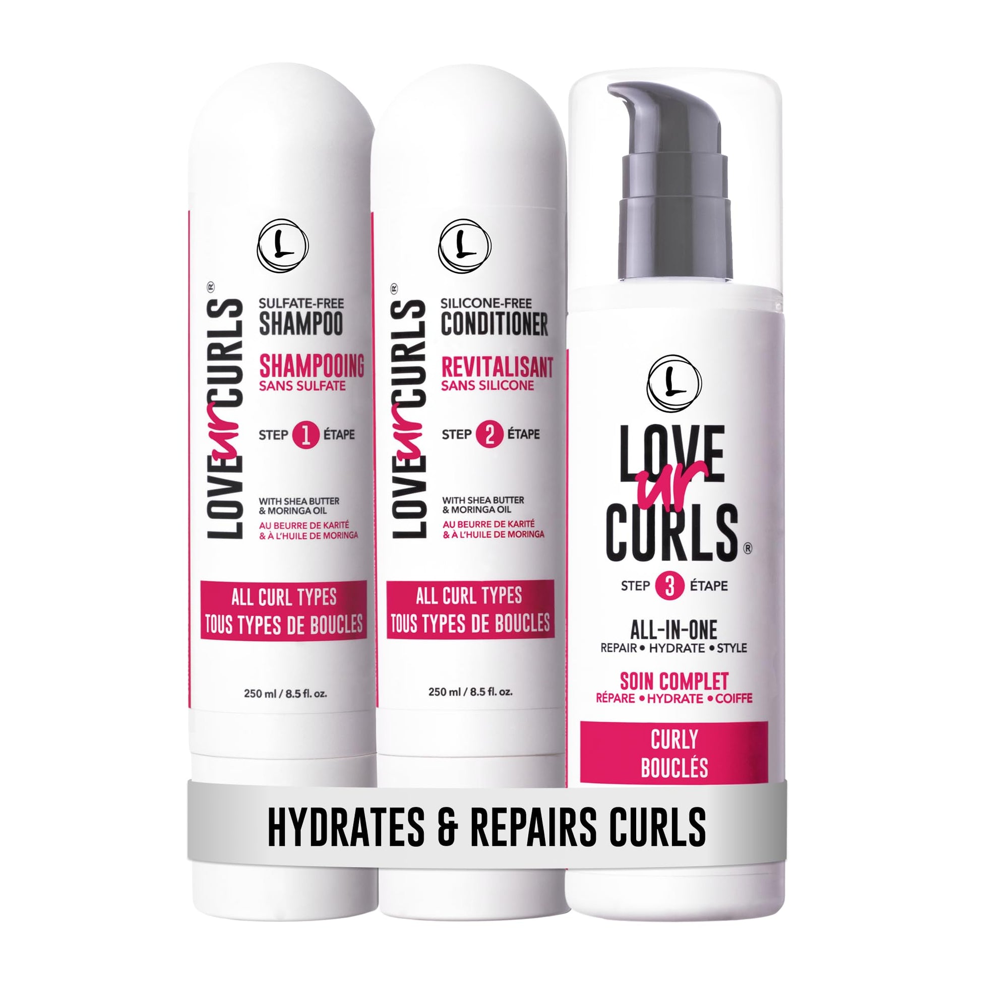 Love Ur Curls - Shampoo & Conditioner Set with All in One Curl Cream Styler for Curly Hair, 3 Step System for Repair and Moisturizing