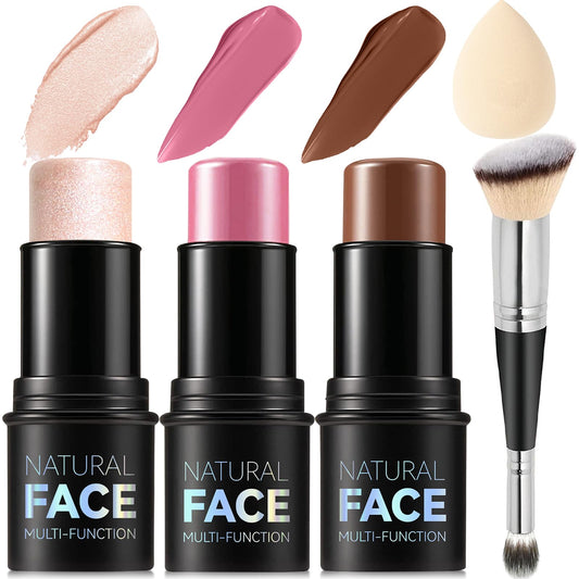 3Pcs Cream Contour Stick Makeup Kit, Shades with Highlighter, Blush and Bronzer Contour Stick for Sculpt the Cheeks, Long Lasting, Waterproof, Matte & Dewy Finish LIGHT MEDIUM(2+5+6)
