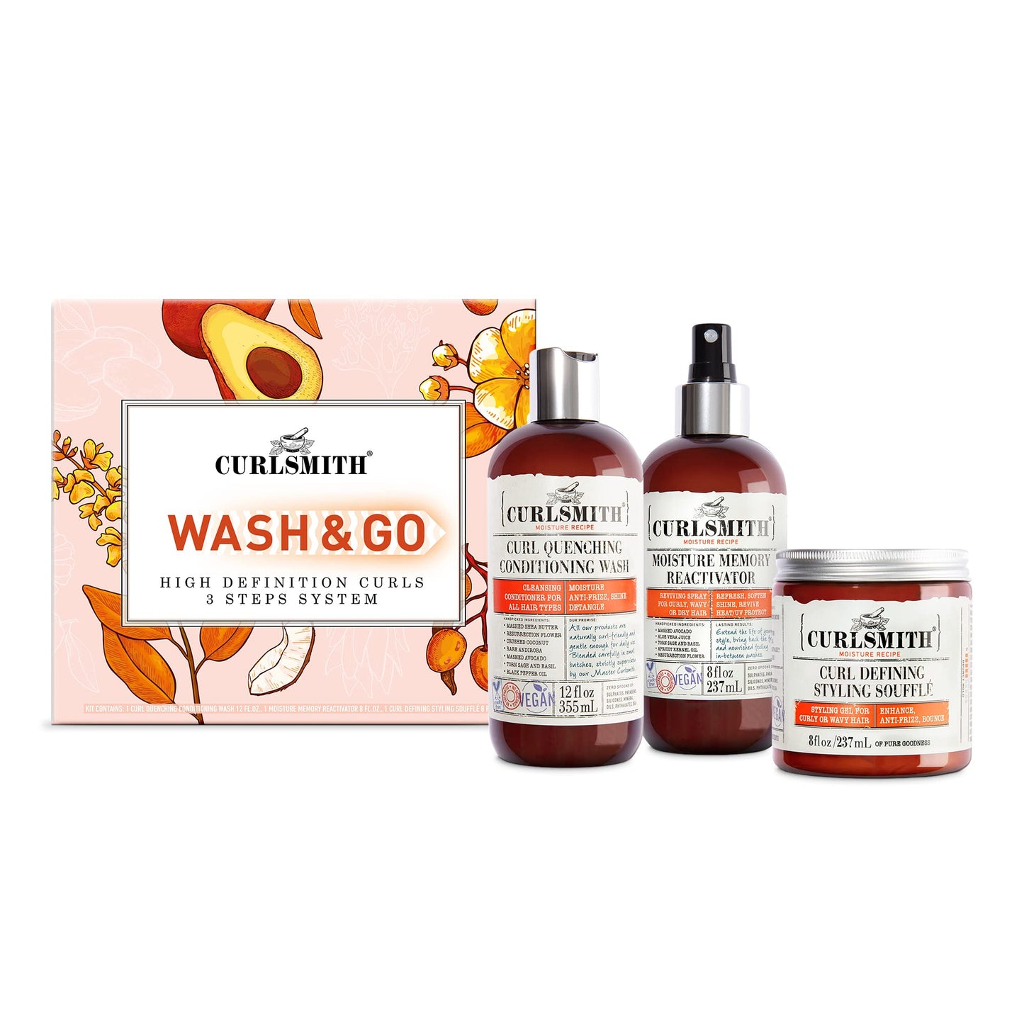 CURLSMITH Wash & Go High Definition Curls Kit: 3-Step System - Vegan Haircare for Dry, Wavy, Curly or Coily Hair