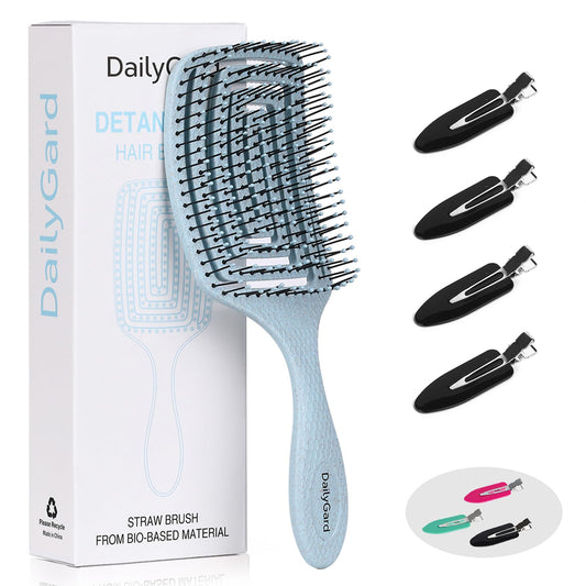 Detangling Brush, Dry and Wet Vented Detangler Hair Brush for Women and Men, Professional Paddle Curved Styling Hairbrush with 4 Randomly Coloured Hair Clips(Black, Pink or Green), Blue