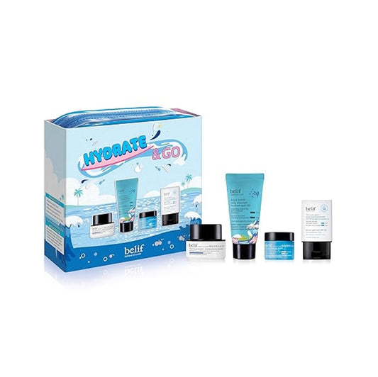 BELIF Hydrate & Go Kit 4-Step Korean Skincare Set with Toner, Moisturizing Bomb Cream, Jelly Cleanser, Eye Bomb, SPF 45 Sunscreen, TSA-Friendly, Deep Hydration & Barrier Care for Glowy, Bouncy Skin