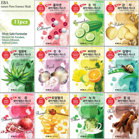 11 pcs Pure Essence Facial Mask Sheet of (11 Types x 1 pcs), Korean Face Mask Sheets for Skincare, Cleansing, Moisturizing, Elasticity