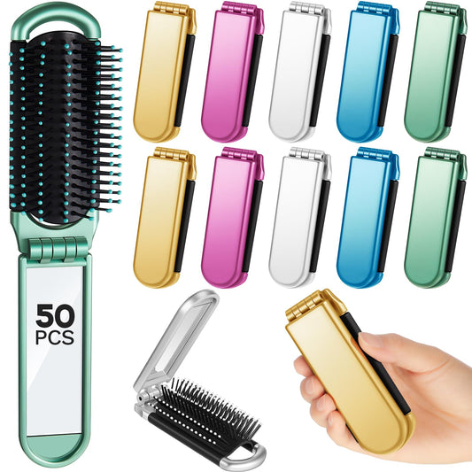 Uiifan 50 Pcs Folding Travel Brush with Mirror Bulk Small Pocket Brush Compact Portable for Men Women Hair Styling Purse Car Locker Toiletry Bag(Purple, Green, Silver, Blue, Gold)