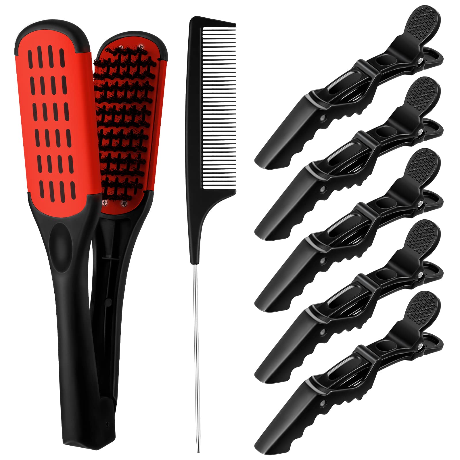 Honeydak Double Brush Boar Bristle Clamp Comb with Alligator Clips, Rat Tail Comb for Hair Styling (Red Black)
