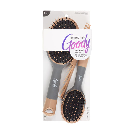 Goody Detangle It Hair Brushes Set - Large Oval Paddle Brush + Detangling Comb + Mini Brush, Suitable for Detangling & Styling, Pick Comb for Tangles On-the-Go, For Wet or Dry Hair, Brown/Grey