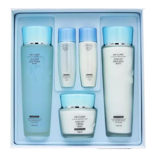 3W CLINIC Excellent White Skin Care Set Korean Facial Kit with Toner, Emulsion & Cream Whitening, Anti-Aging, and Deep Hydration for Glowing Skin Suitable for Oily & Sensitive Skin