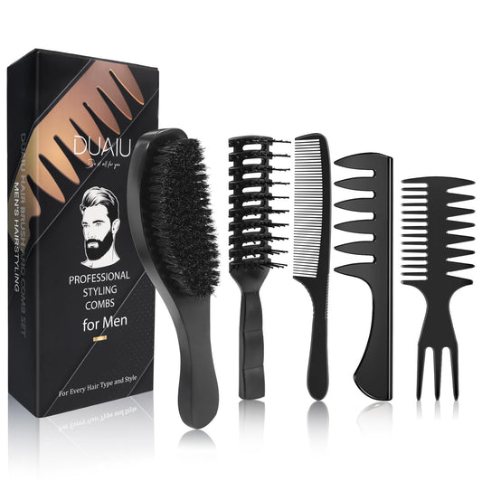 DUAIU Hair Brush, Boar Bristle Hair Brush and Hair Comb Set, Men Professional Styling Hairbrush Wide Tooth Comb for Curls Straight Thick Thin All Hair (5 PCS)