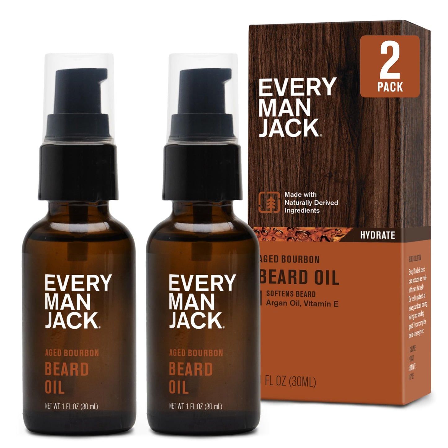 Every Man Jack Mens Beard Oil - Subtle Aged Bourbon Fragrance - Deeply Moisturizes and Softens Your Beard and Adds a Natural Shine - Naturally Derived with Shea Butter- 1 fl oz (2 Pack)