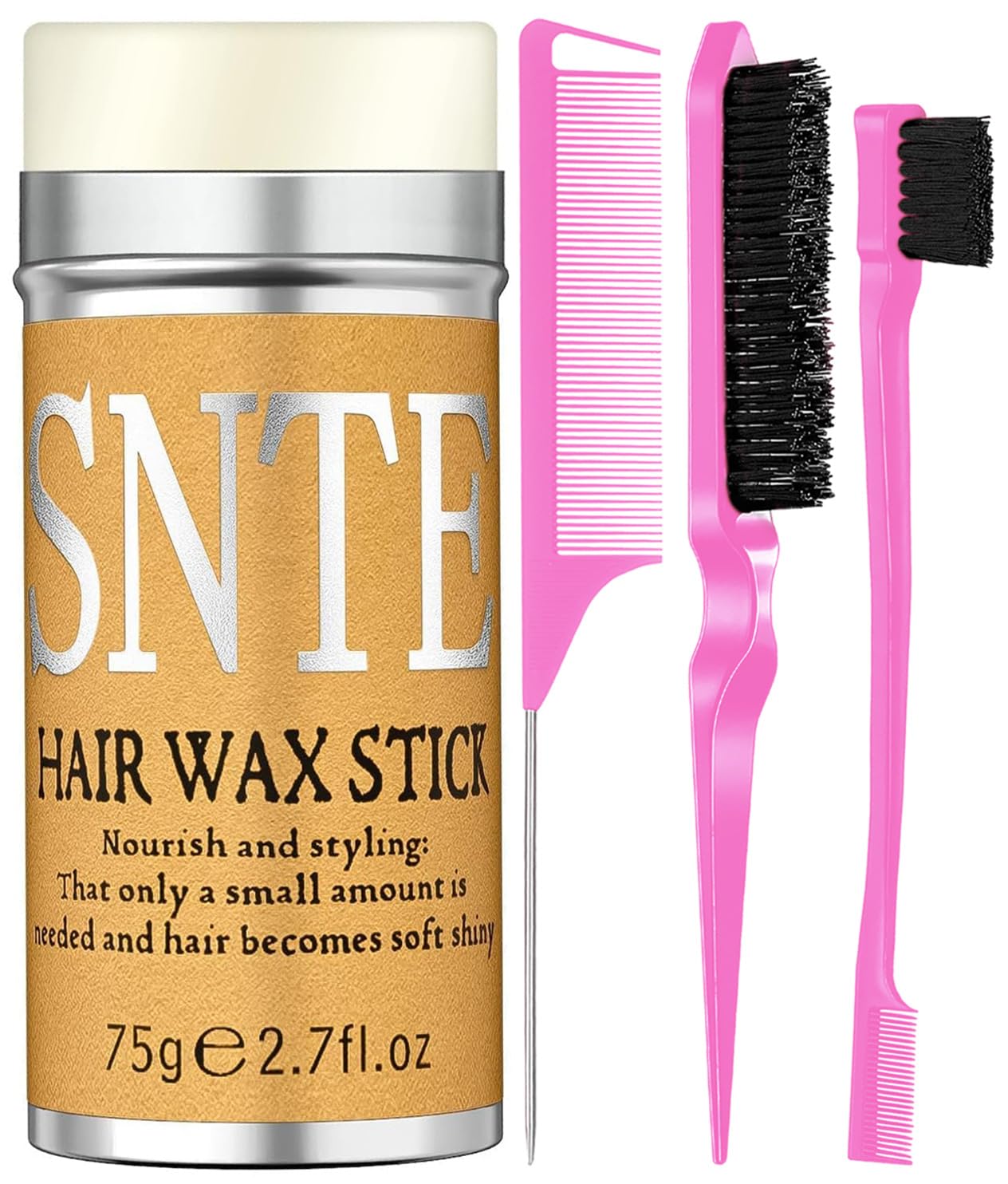 Hair Grooming Kit: Wax Stick for Flyaways, Slick Back Brush, Rat Tail Comb, Bristle Brush Set - Tames Frizz & Controls Baby Hair