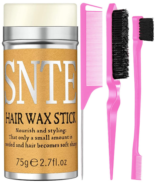 Hair Grooming Kit: Wax Stick for Flyaways, Slick Back Brush, Rat Tail Comb, Bristle Brush Set - Tames Frizz & Controls Baby Hair