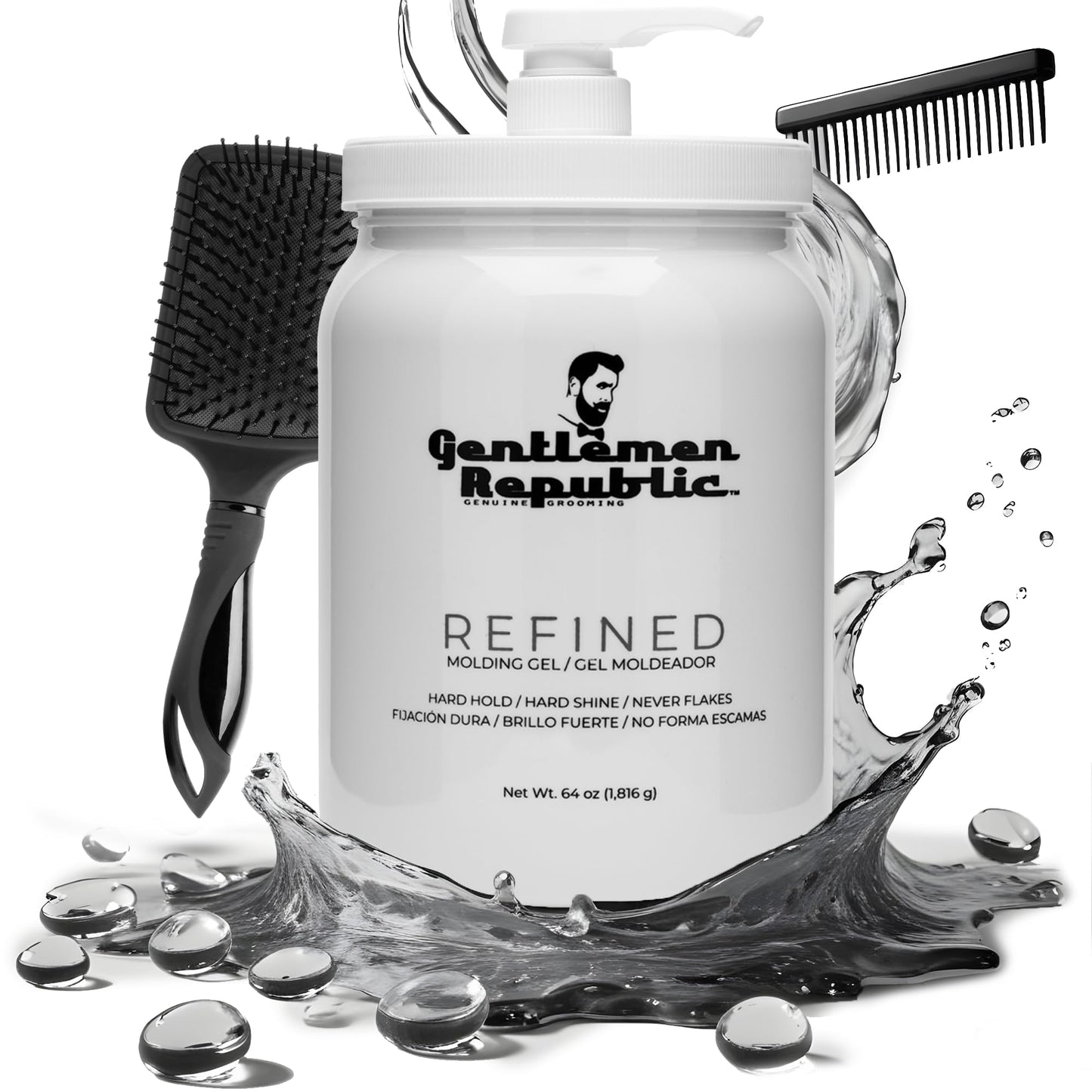 Gentlemen Republic 64oz Refined Men's Hair Gel - Professional Formula for 24 Hour Shine and Strong Hold, Humidity Resistant Styling Gel for hair W/Pump, 100% Alcohol-Free and Never Flakes, Made in USA