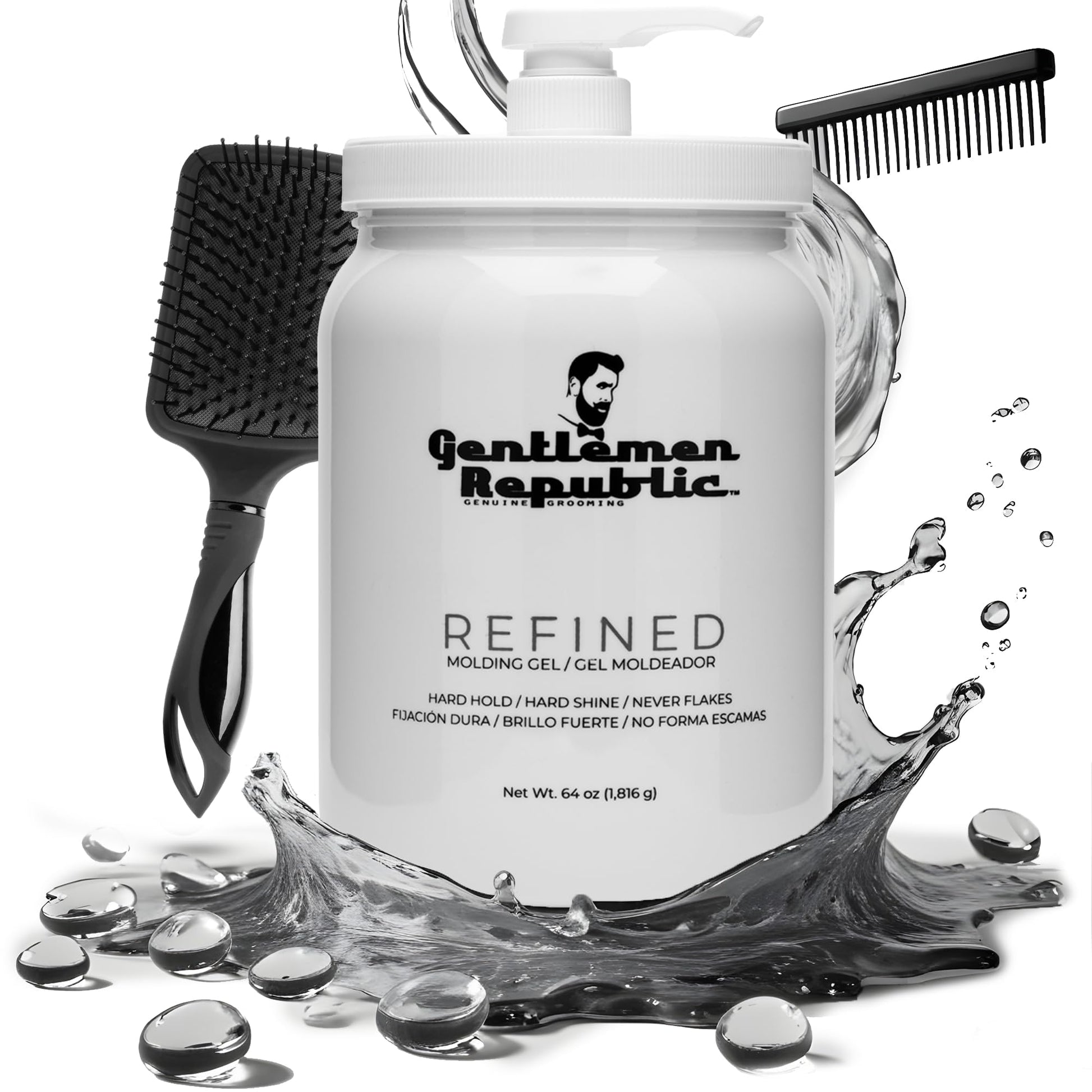 Gentlemen Republic 64oz Refined Men's Hair Gel - Professional Formula for 24 Hour Shine and Strong Hold, Humidity Resistant Styling Gel for hair W/Pump, 100% Alcohol-Free and Never Flakes, Made in USA