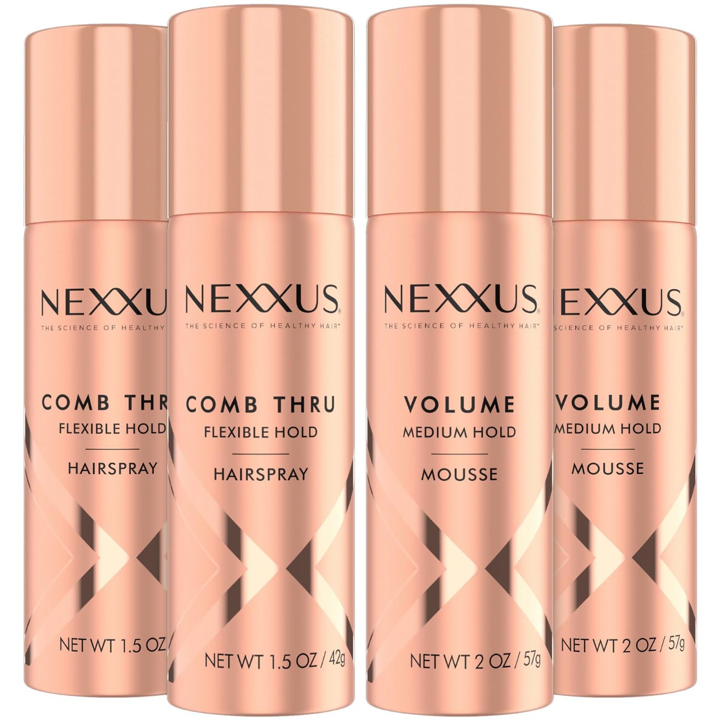 NEXXUS Travel Hairspray and Mousse Bundle Comb Thru Flexible Hold Hairspray (1.5 Oz) 2-Pack + Volume Medium Hold Mousse (2 Oz) 2-Pack, Anti-Humidity, Frizz Control, Rose Fragrance