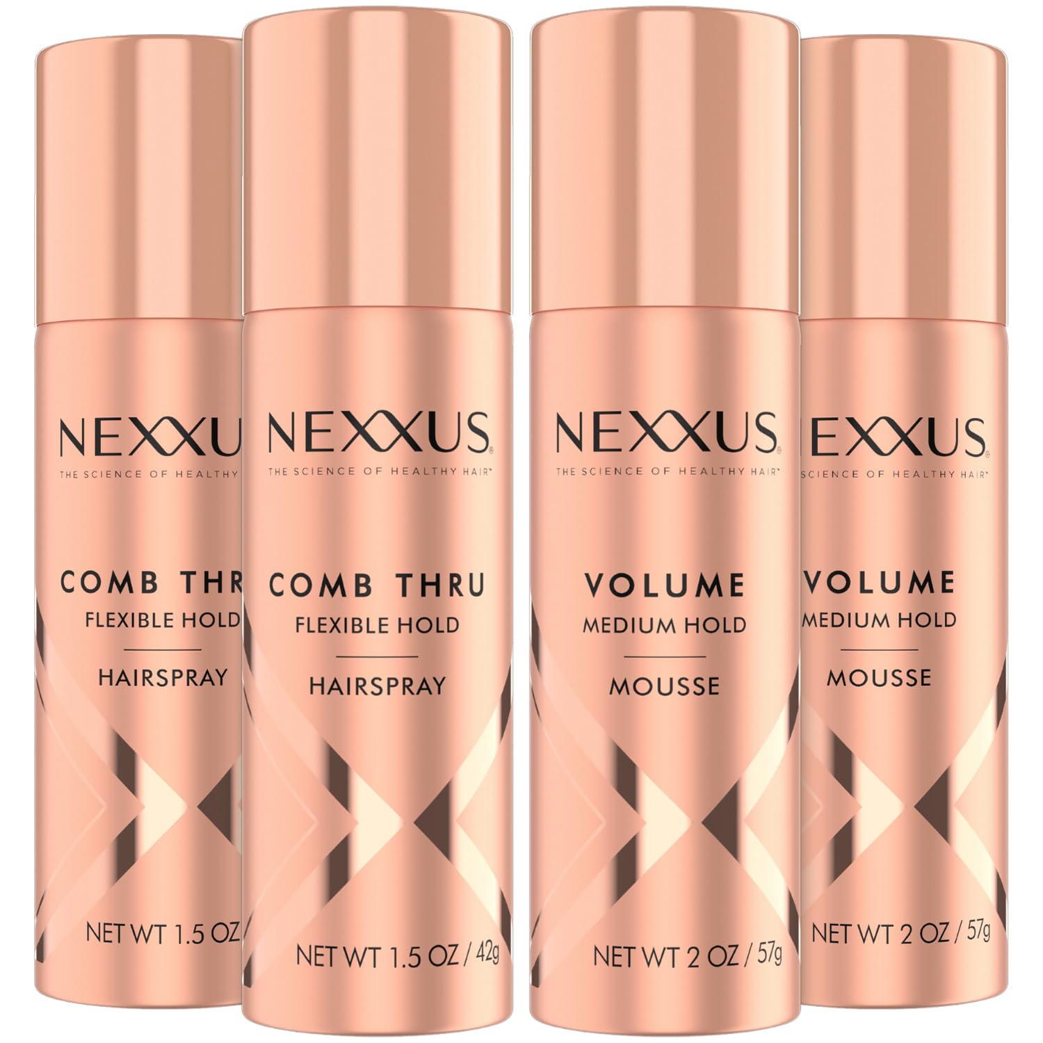 NEXXUS Travel Hairspray and Mousse Bundle Comb Thru Flexible Hold Hairspray (1.5 Oz) 2-Pack + Volume Medium Hold Mousse (2 Oz) 2-Pack, Anti-Humidity, Frizz Control, Rose Fragrance