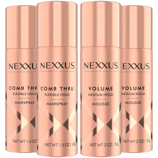 NEXXUS Travel Hairspray and Mousse Bundle Comb Thru Flexible Hold Hairspray (1.5 Oz) 2-Pack + Volume Medium Hold Mousse (2 Oz) 2-Pack, Anti-Humidity, Frizz Control, Rose Fragrance