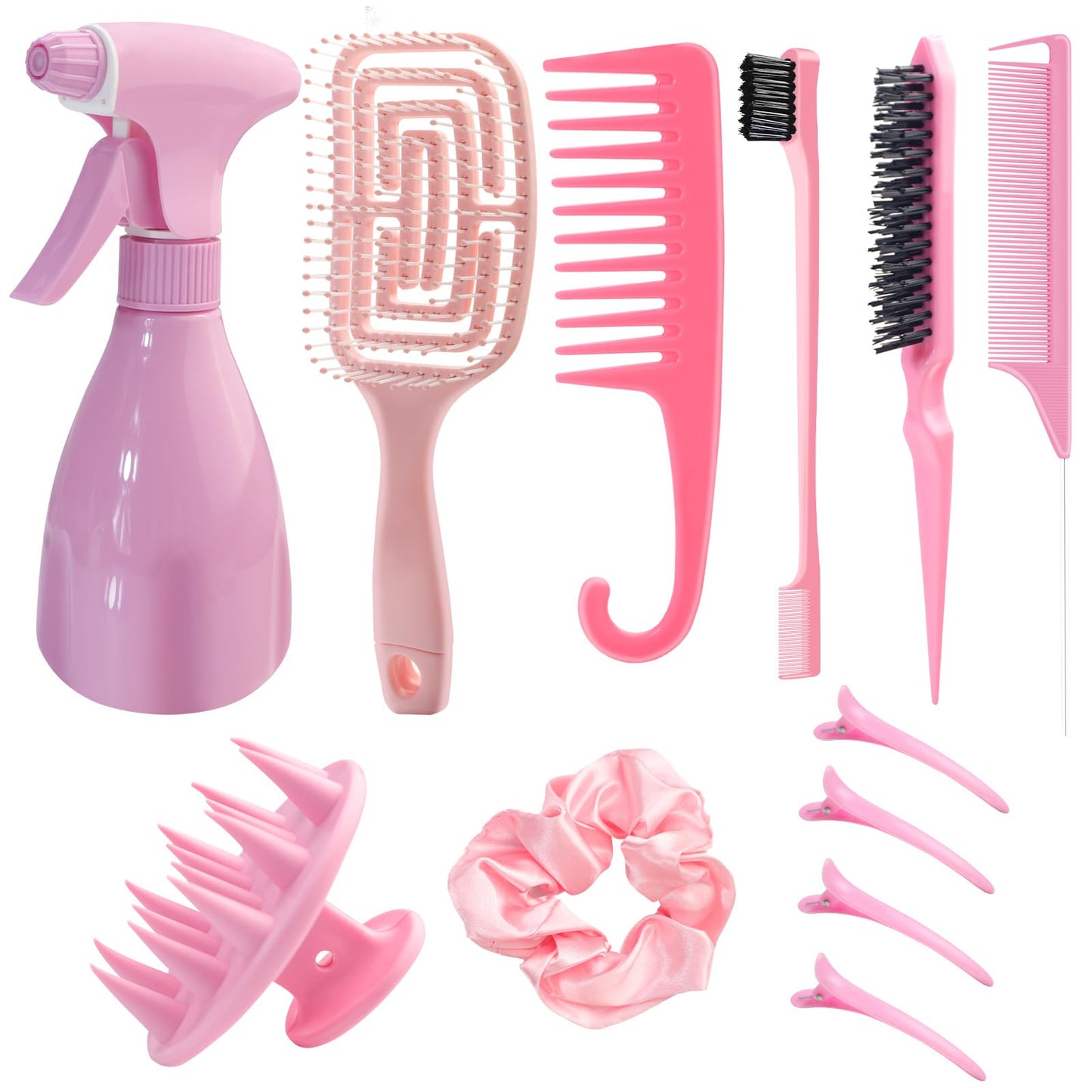 DUAIU Hair Brush Set, 12PCS Hair Brushes and Hair Combs for Women, Vented Detangler Brush Slick Back Brush Wide Tooth Comb Spray Bottles Hairs Styling Tools (PINK)