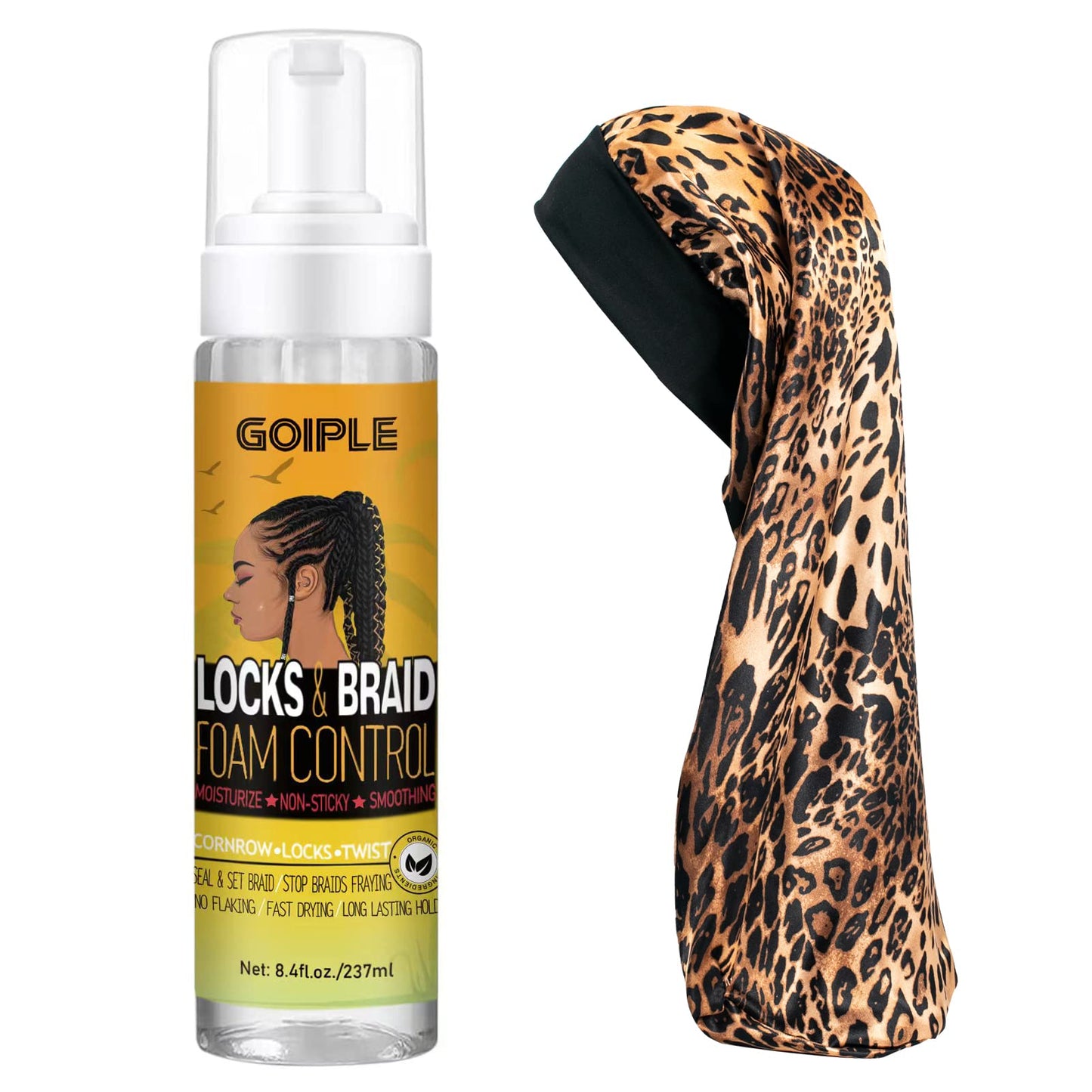 Braid and Loc Mousse for Hair Braiding, Twists, Braids and Locs - No Flake, Extra Hold, High Shine, Moisturizing, Frizz Control, Lightweight, Easy Application, with Leopard Silky Du-rag