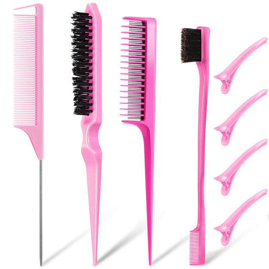 8 Pcs Styling Hair Comb Brush Set with Teasing Edge Brush Parting Rat Tail Comb Hairclip for Women Slicking Ponytail and Smoothing Hair(Pink)