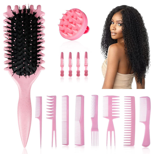 Curl Defining Brush Combo Set Styling Tools for All Hair Types, Includes Scalp Massager, 8-Piece Set, 4 Styling Clips