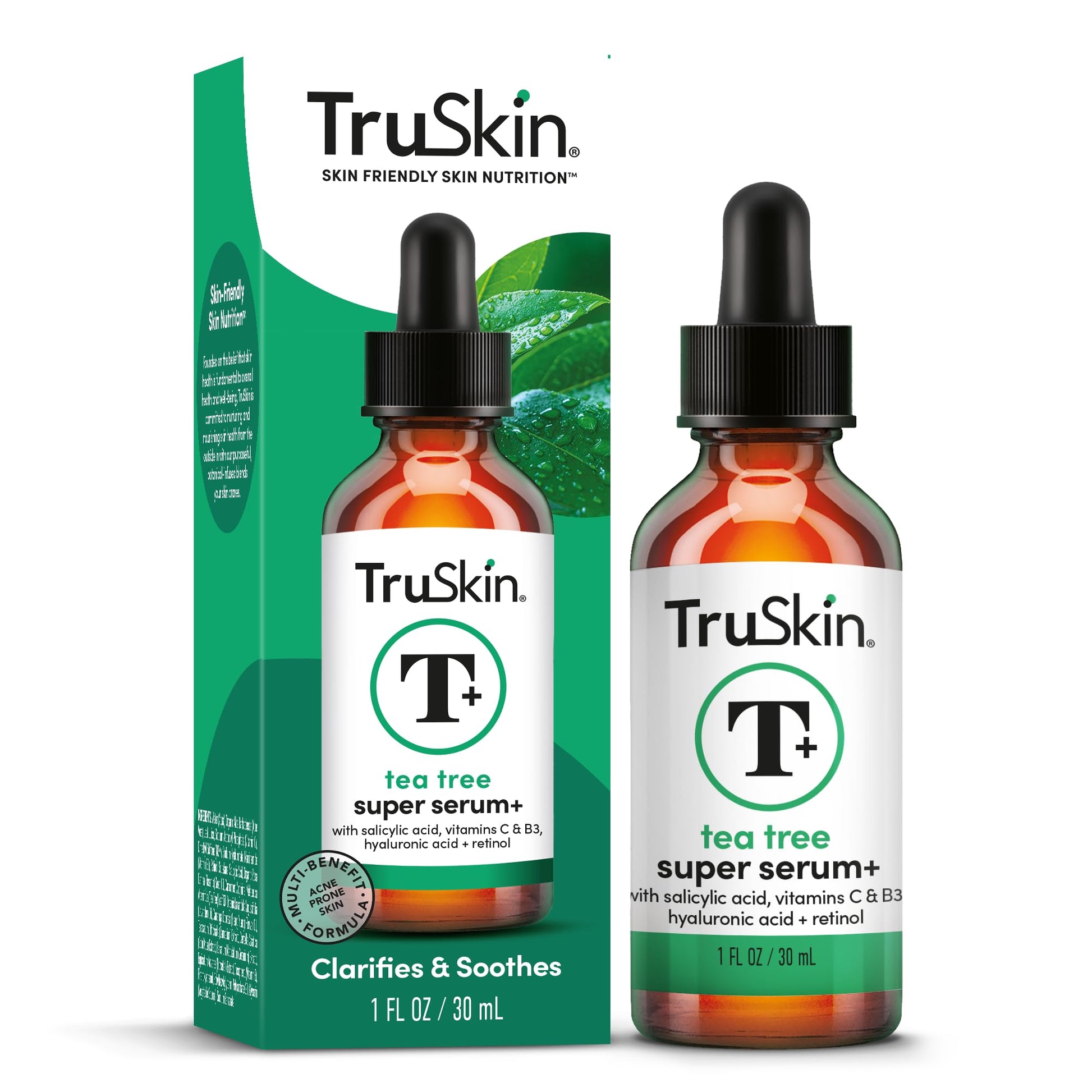 TruSkin Tea Tree Oil Acne Treatment for Face Acne Serum Improve the Appearance of Pores, Skin Tone for Smooth, Glowing Skin with Salicylic Acid, Vitamin C, Niacinamide & Retinol, 1 fl oz