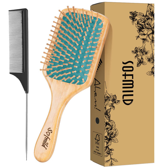 Sofmild Hair Brush-Natural Wooden Bamboo Brush Detangle Paddle Hairbrush for Women Men and Kids Massage Scalp Increase Hair Growth