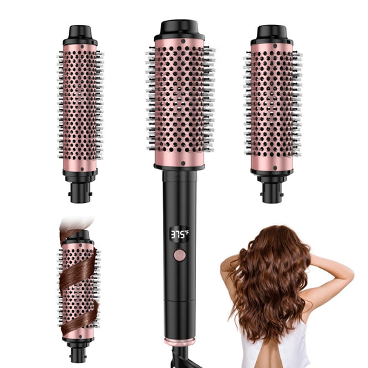 5 Temps LCD Display Ceramic Tourmaline Heated Styling Brush Set - 3-in-1 Detachable Barrels (1.25/1.5/1.75 Inch), PTC Heater for Versatile Hair Styling