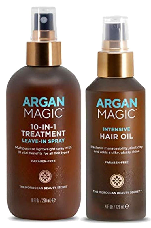 ARGAN MAGIC 10 in 1 Treatment Stylizing Spray + Intensive Hair Oil Combo Pack Multipurpose Leave in Spray for all Hair Types | Hydrating | Made in USA | Paraben Free | Cruelty Free (8 oz / 4 oz)