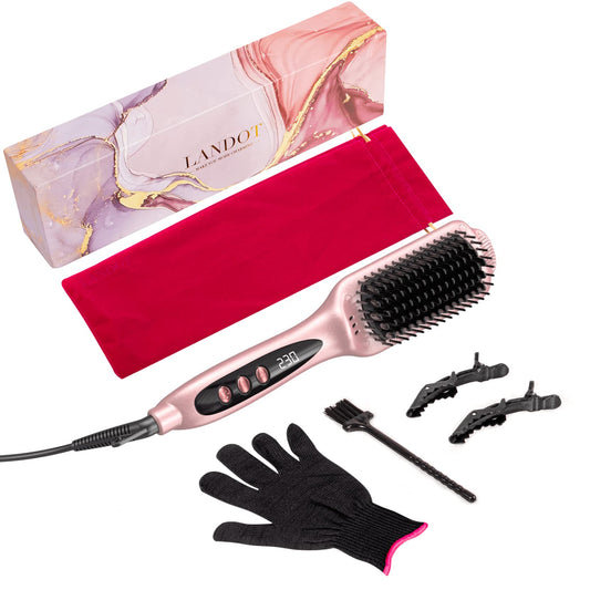 LANDOT Inoic Hair Straightener Brush for Smooth, Frizz-Free Results - Electric Heated Ceramic Straightening Brush Dual Voltage - Fast Heating Adjust Temp 250-450F for All Hair Types