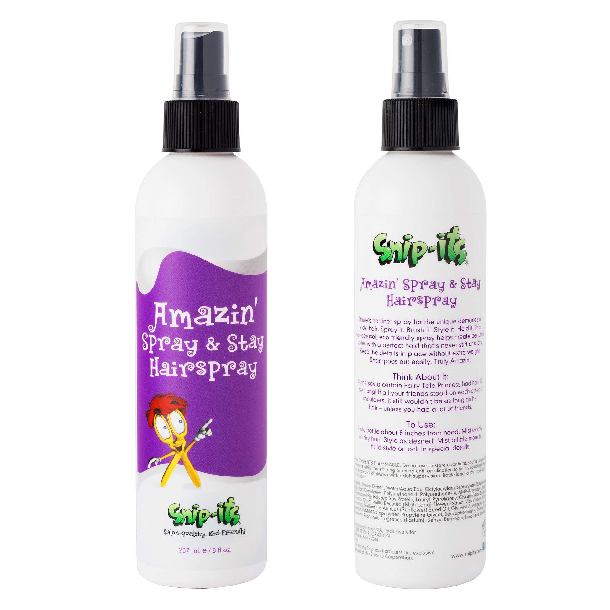 Snip-its Amazin' Spray & Stay Kids Hair Spray 8oz | Medium Hold Kids Hair Styling Product Non-Aerosol Hairspray with Fresh Smell Made in USA with Natural Ingredients | Salon Quality Kid Friendly