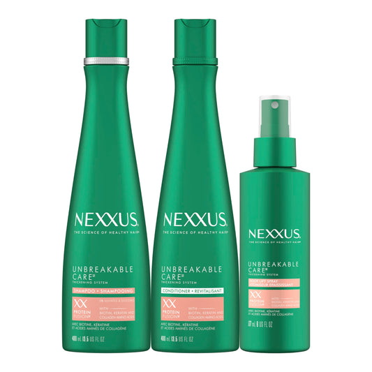 NEXXUS Unbreakable Care Shampoo, Conditioner, and Leave-In Spray 3 Pack For Fine and Thin Hair with Keratin, Collagen, Biotin