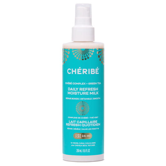 Cheribe Daily Refresh Moisture Milk with 100% Chebe Complex + Green Tea & Vitamin E, Anti Frizz & Detangling Leave-In Spray For All Hair Textures 2A-4C & Porosities, Sulfate Free, 8.5 fl oz