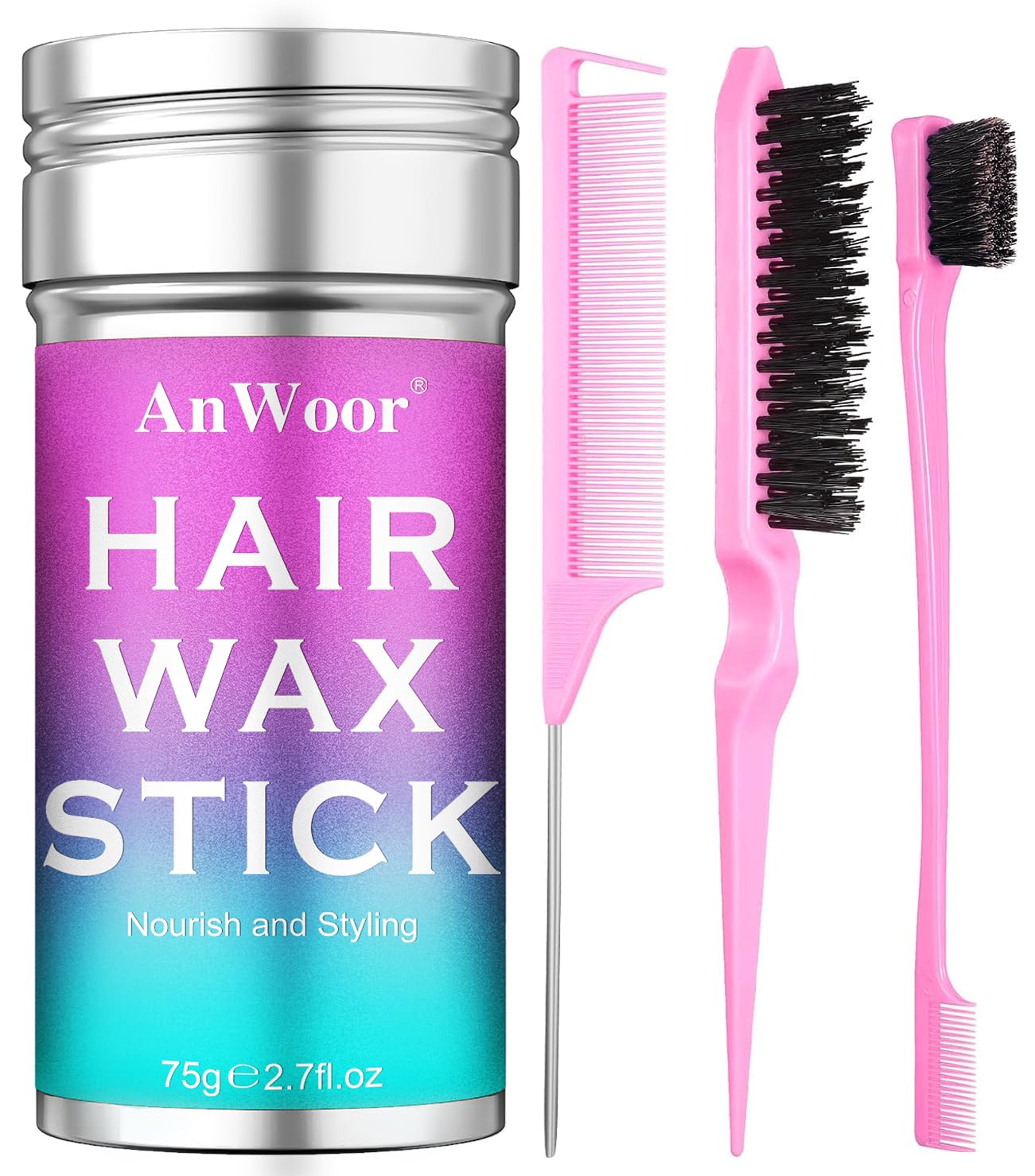 Hair Wax Stick, Slick Back Hair Brush 4Pcs - Hair Bun Accessories Styling Stuff - Taming Flyaways & Smoothing Ponytail for Women, Kids & Teen Girls